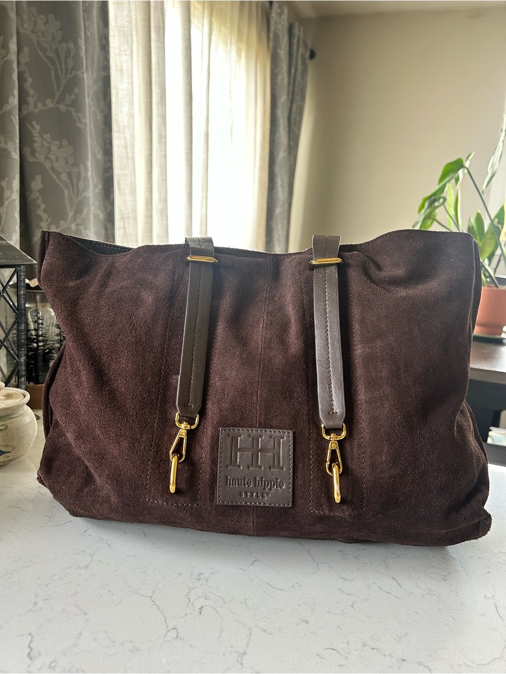 Haute Hippie Suede Leather Tote Shoulder Bag & Wallet in Dark Chocolate Brown - Picture 2 of 16
